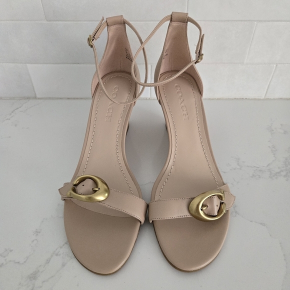 COACH Women's Odetta Wedge Sandals Leather Nude Tan Ankle Strap Open-Toe Size 9 - Picture 4 of 11